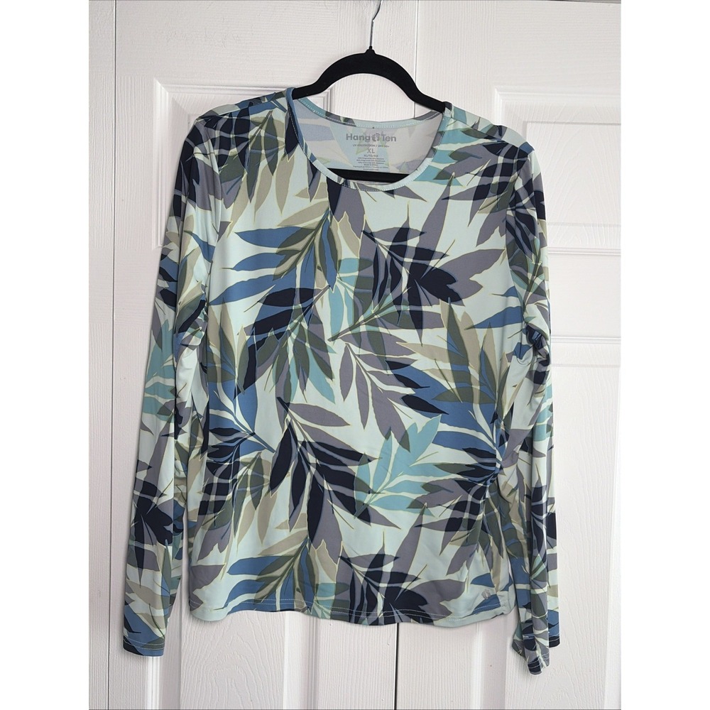 Hang Ten Tropical Palm Rash Guard Womens Size XL Blue UPF 50 Swim Top Beach Swim